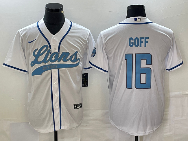 Men's Detroit Lions #16 Jared Goff White Cool Base Stitched Baseball Jersey